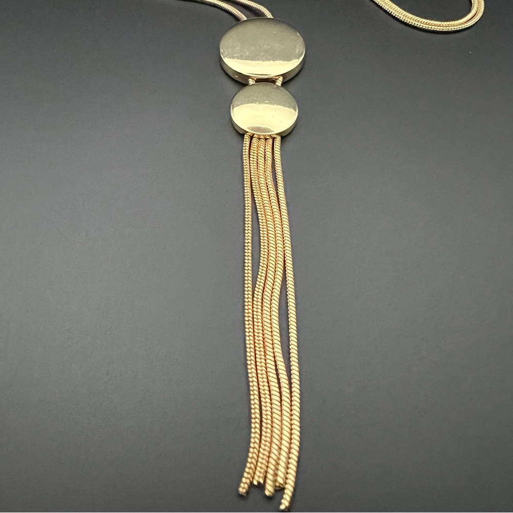 Gold Tone Bolo Tassel Necklace with Circle Pendants - Picture 2 of 4
